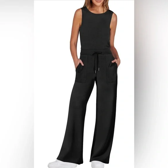 NEW-Soft  women’s black elastic waist
Draw string  cotton, one piece jumpsuit - Picture 6 of 9